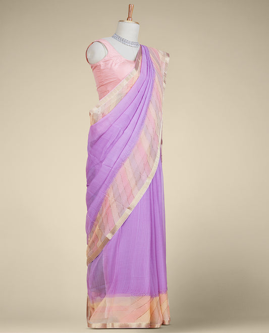 Lavender stone embroidery pure chiffon saree, contrast rangkat-style striped stone work border