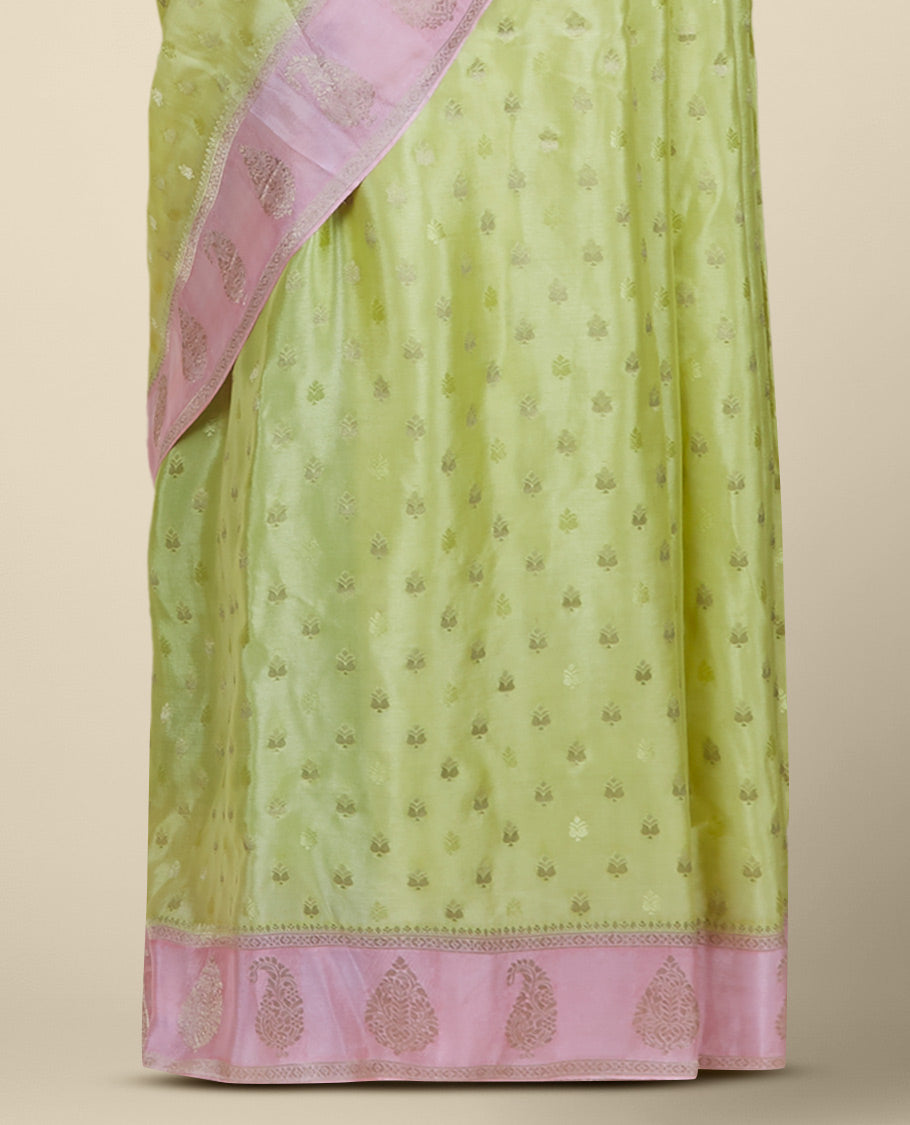 Green mysore silk saree with buttas, contrast border features zari paisley designs