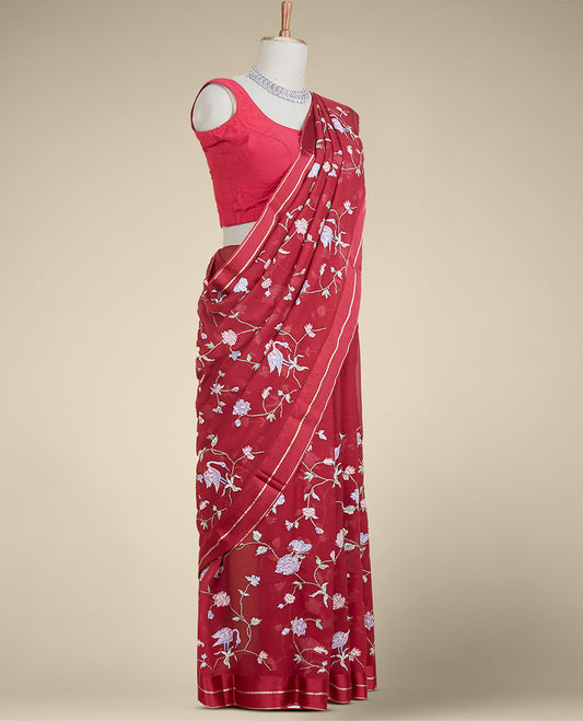 Red floral vine & bird designs embroidered pure chiffon saree, zari border