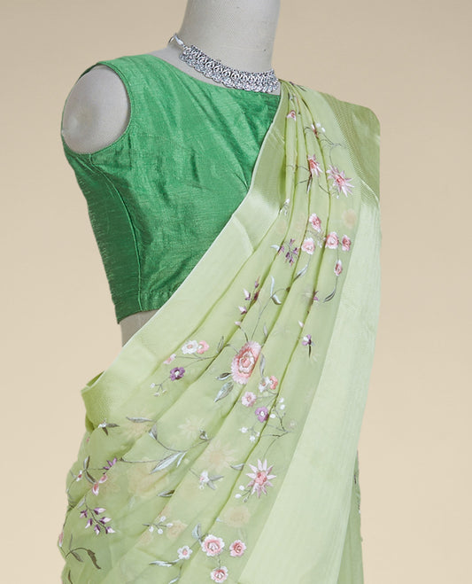 Green floral vine embroidered pure chiffon saree, chevron striped border