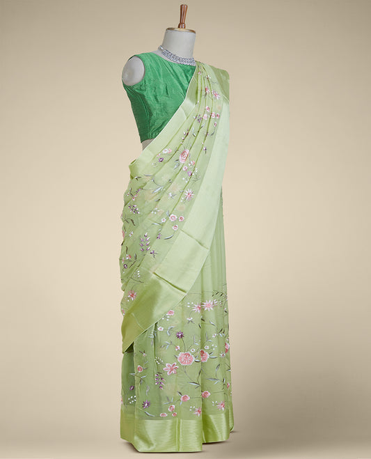 Green floral vine embroidered pure chiffon saree, chevron striped border