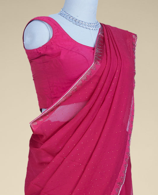 Pink stone embroidered pure chiffon saree, stone embroidered border