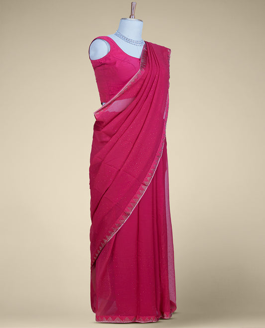 Pink stone embroidered pure chiffon saree, stone embroidered border
