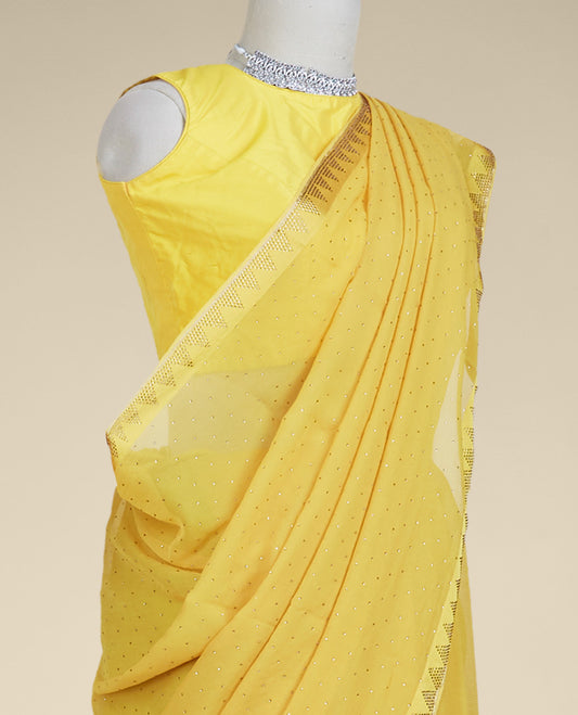 Yellow stone embroidered pure chiffon saree, stone embroidered border