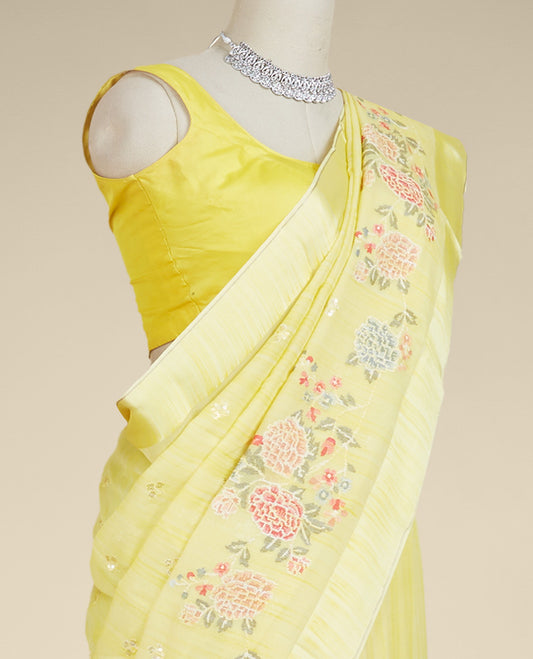 Yellow colorful floral vine embroidered pure chiffon saree, plain border