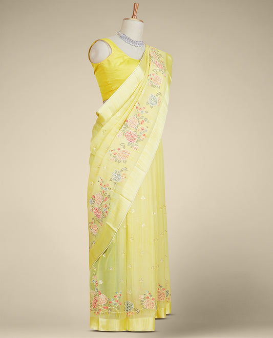 Yellow colorful floral vine embroidered pure chiffon saree, plain border