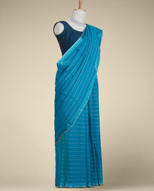 Blue striped pure chiffon saree, stone embroidered border
