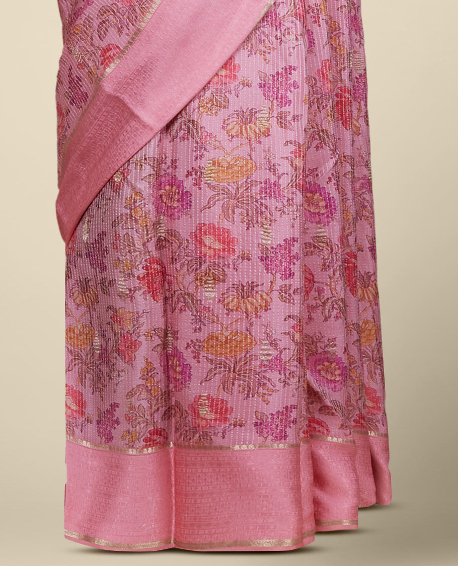 Pink floral printed pure crepe saree, zari design border