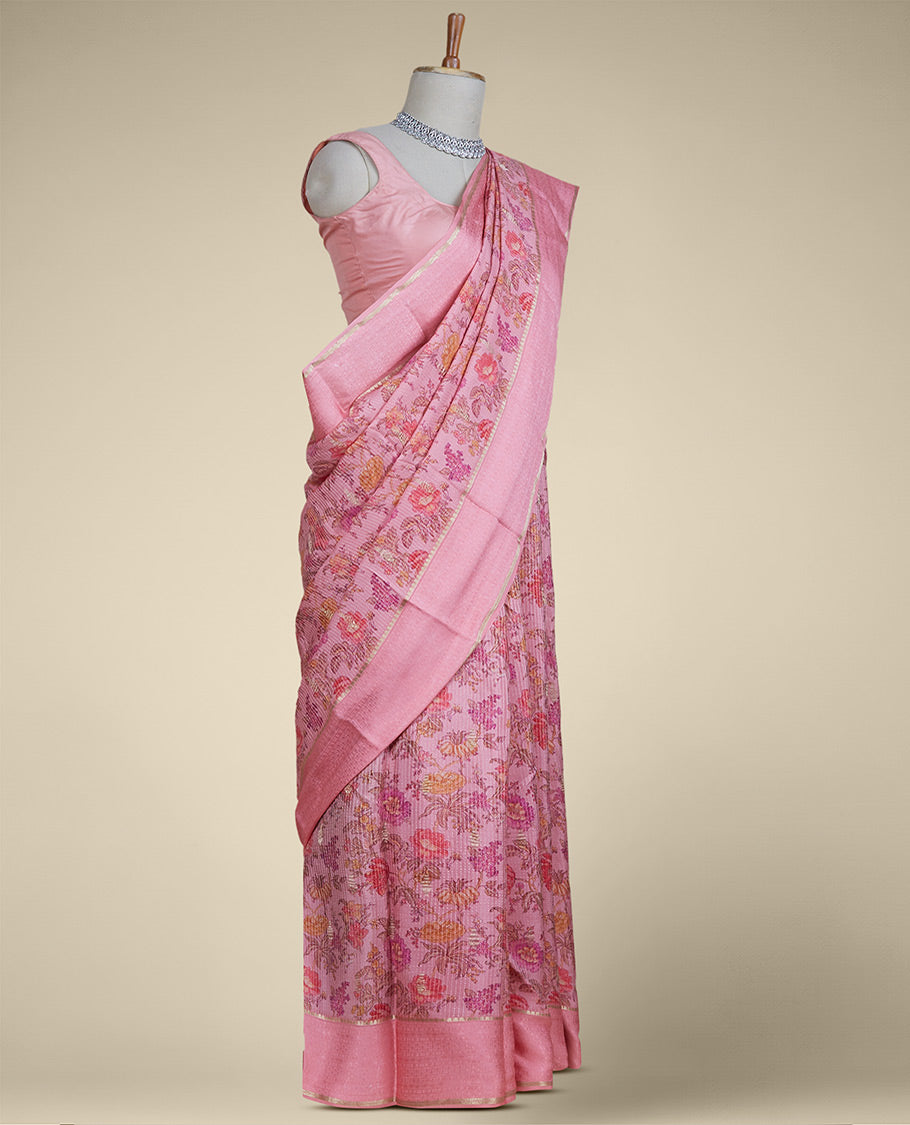 Pink floral printed pure crepe saree, zari design border