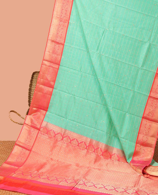 Blue checked silk saree with buttas, contrast jaal pallu & border of thilakam mokku,kathir,mayil chakram & muthu