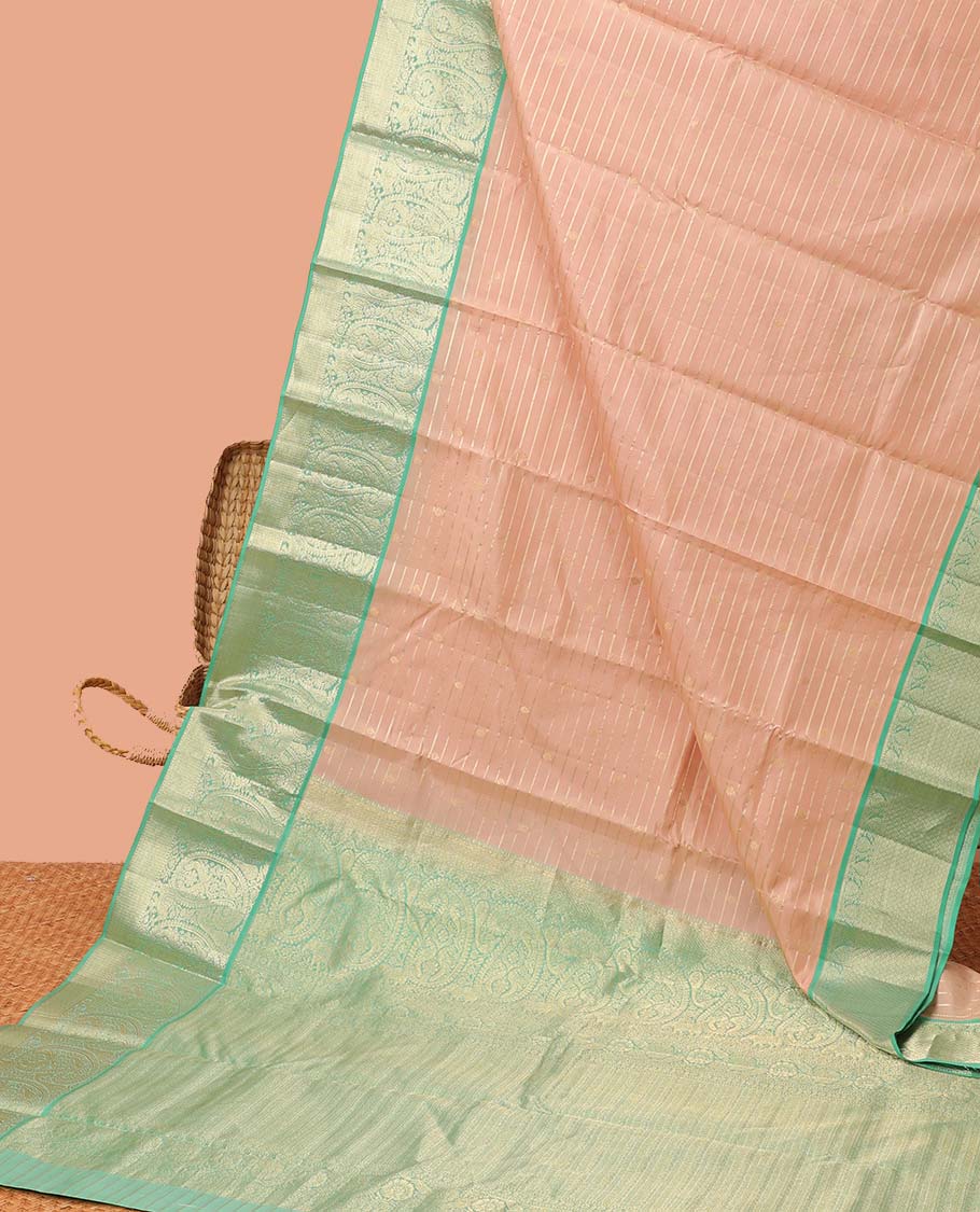 Pink zari design silk saree, contrast intricate pallu & border of arumbu mayil manga & mayil kann designs