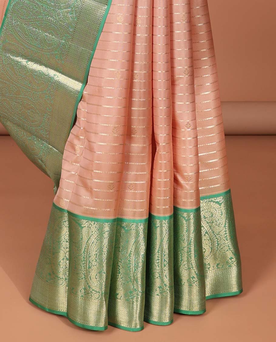 Pink zari design silk saree, contrast intricate pallu & border of arumbu mayil manga & mayil kann designs