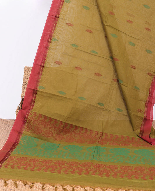 Green kanchi cotton saree with buttas, contrast paisley border & paisley pallu