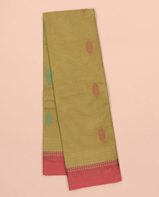 Green kanchi cotton saree with buttas, contrast paisley border & paisley pallu