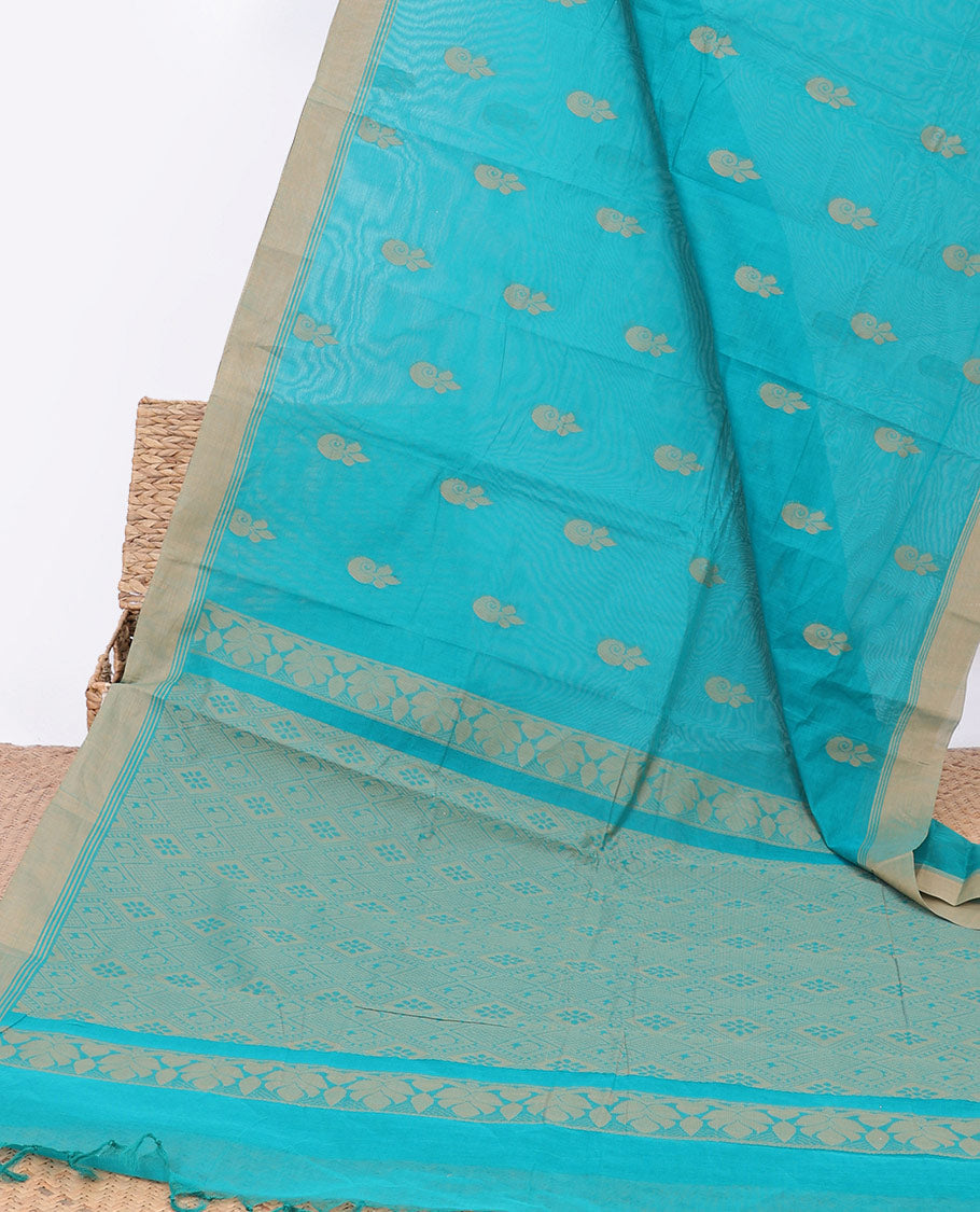 Blue kanchi cotton saree with buttas, contrast border & jaal pallu