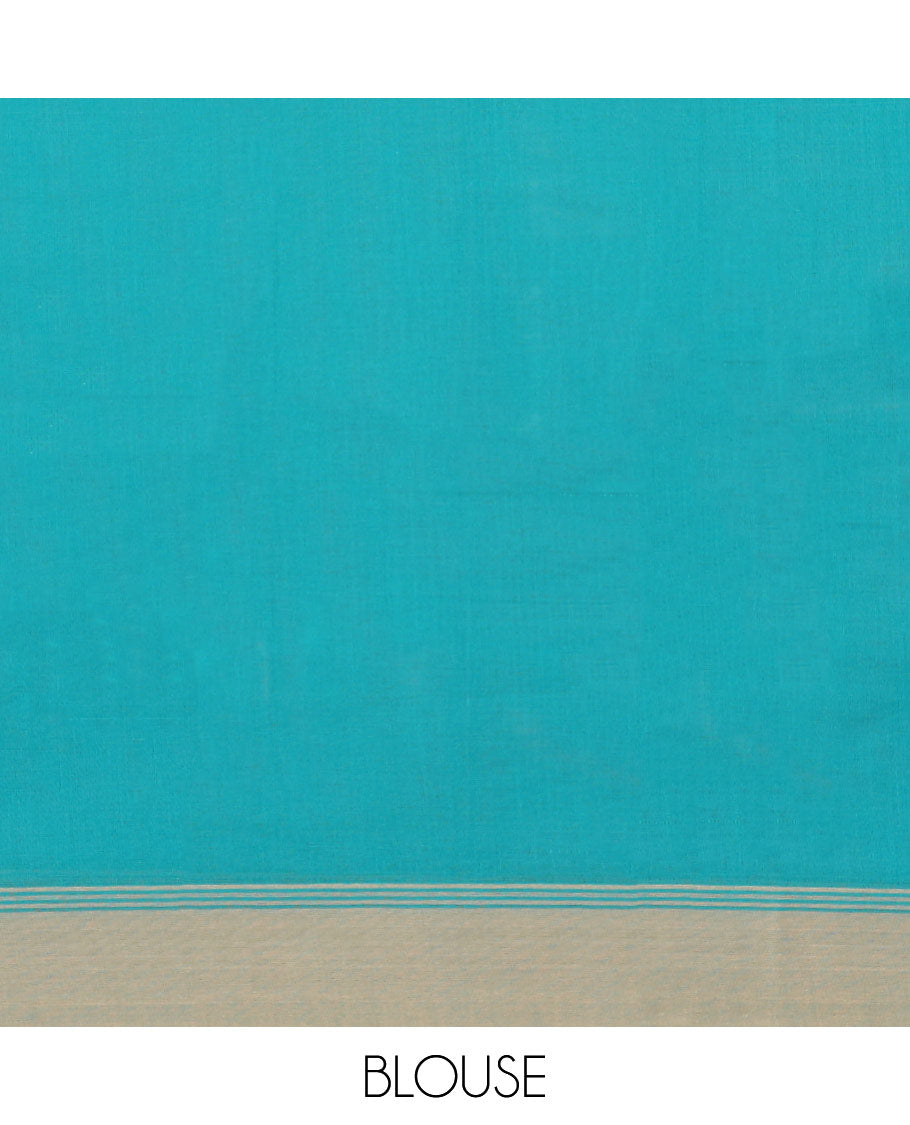 Blue kanchi cotton saree with buttas, contrast border & jaal pallu