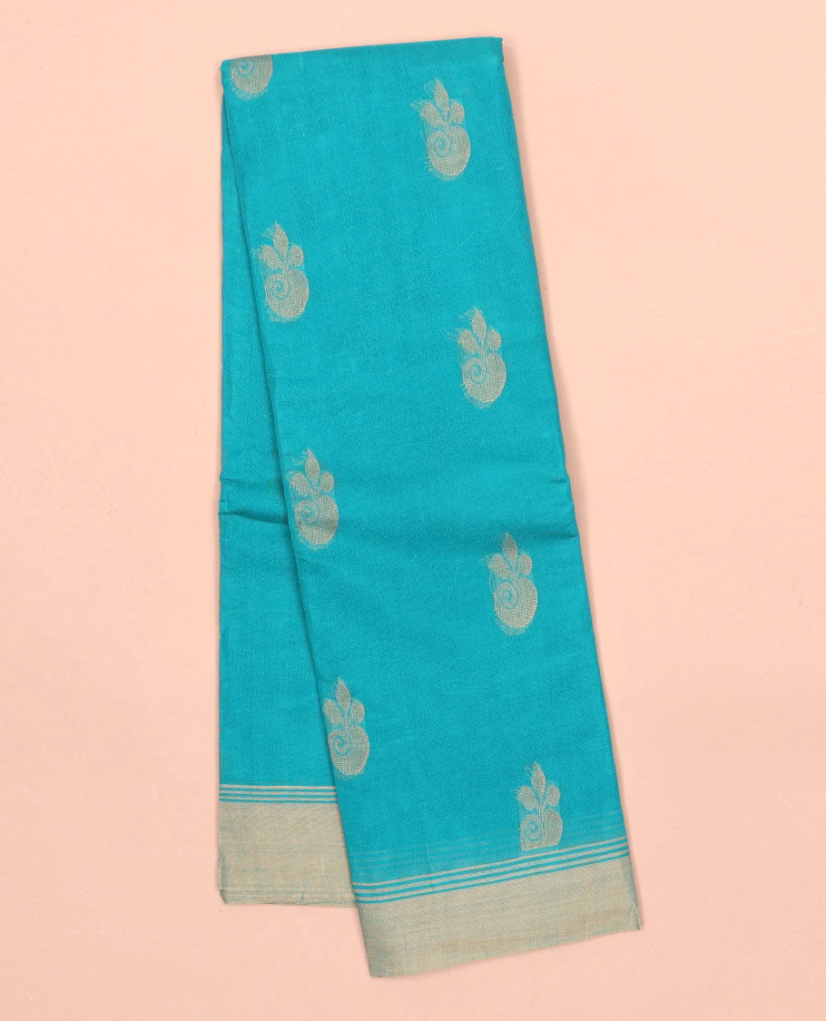 Blue kanchi cotton saree with buttas, contrast border & jaal pallu