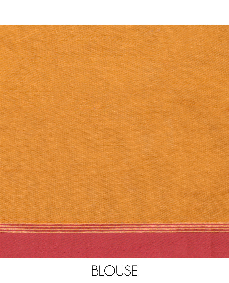 Orange kanchi cotton saree with paisley buttas, contrast border & jaal pallu