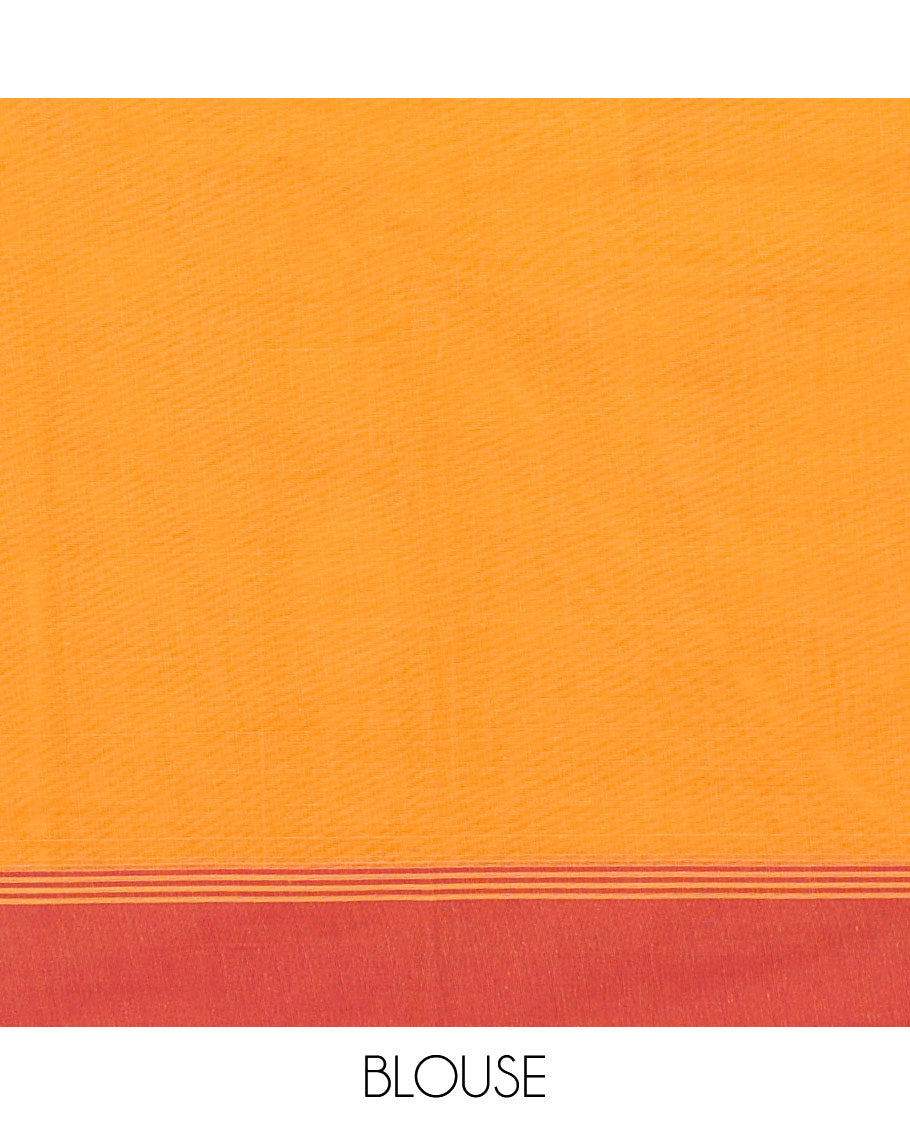Orange kanchi cotton saree with floral buttas, contrast border & intricate pallu