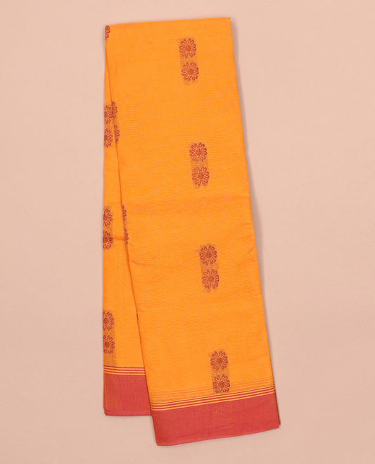 Orange kanchi cotton saree with floral buttas, contrast border & intricate pallu