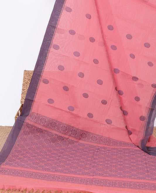 Pink kanchi cotton saree with polka dot buttas, contrast border & jaal pallu