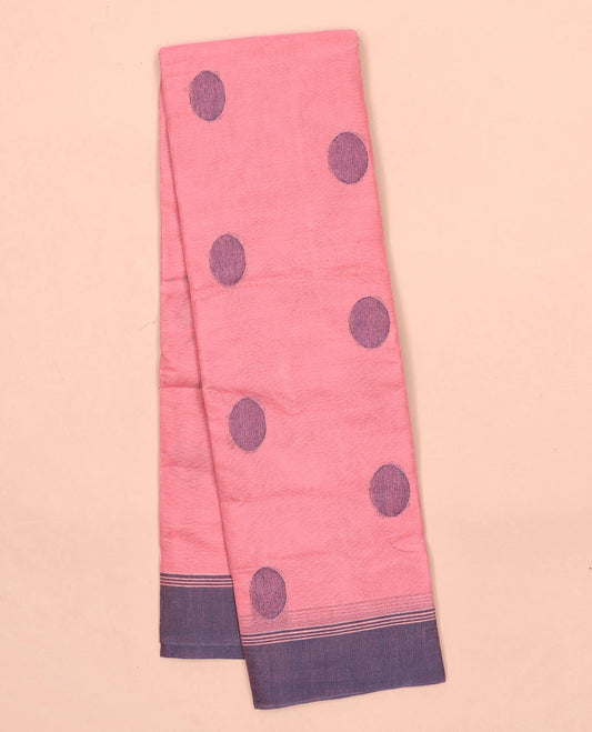 Pink kanchi cotton saree with polka dot buttas, contrast border & jaal pallu