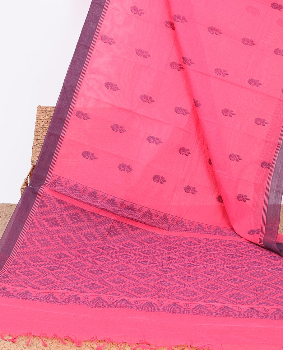 Pink kanchi cotton saree with buttas, contrast border & jaal pallu