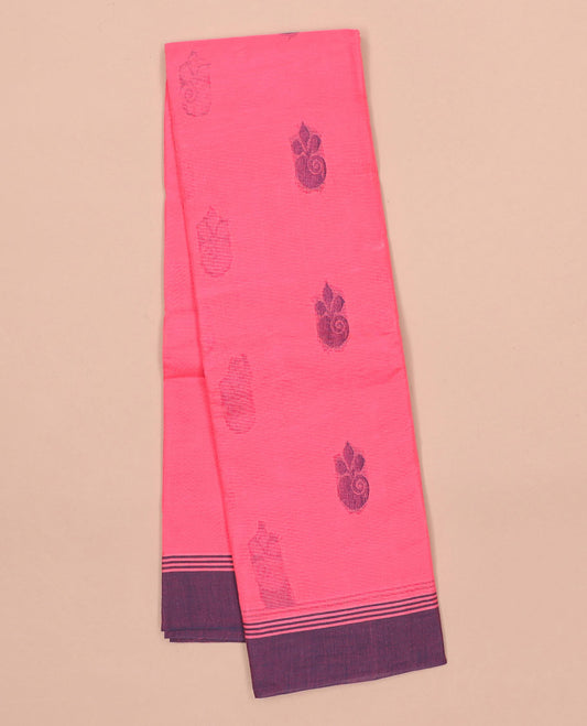 Pink kanchi cotton saree with buttas, contrast border & jaal pallu
