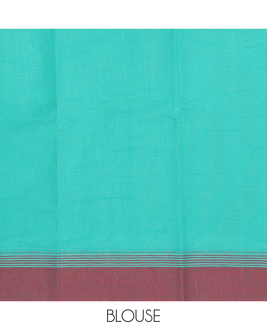 Blue kanchi cotton saree with paisley buttas, contrast plain border & floral design pallu