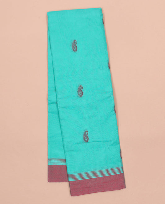 Blue kanchi cotton saree with paisley buttas, contrast plain border & floral design pallu