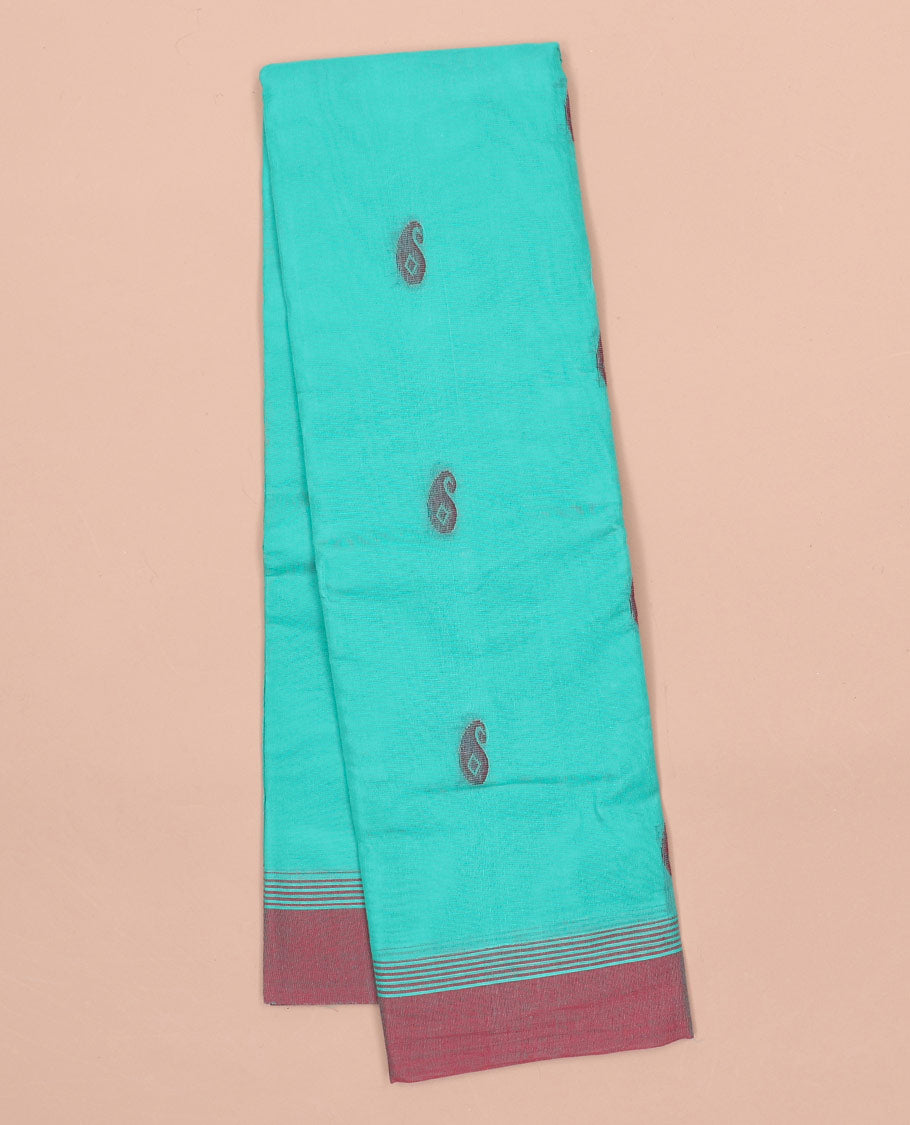Blue kanchi cotton saree with paisley buttas, contrast plain border & floral design pallu