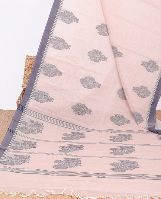 Off-white kanchi cotton saree with buttas, contrast plain border & floral design pallu