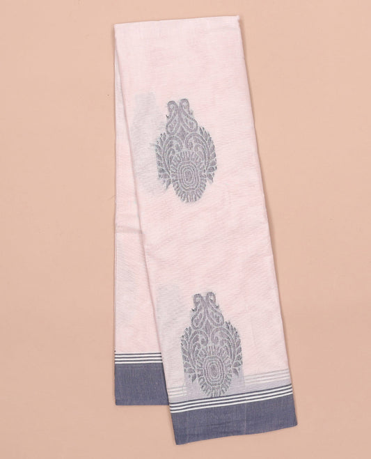 Off-white kanchi cotton saree with buttas, contrast plain border & floral design pallu