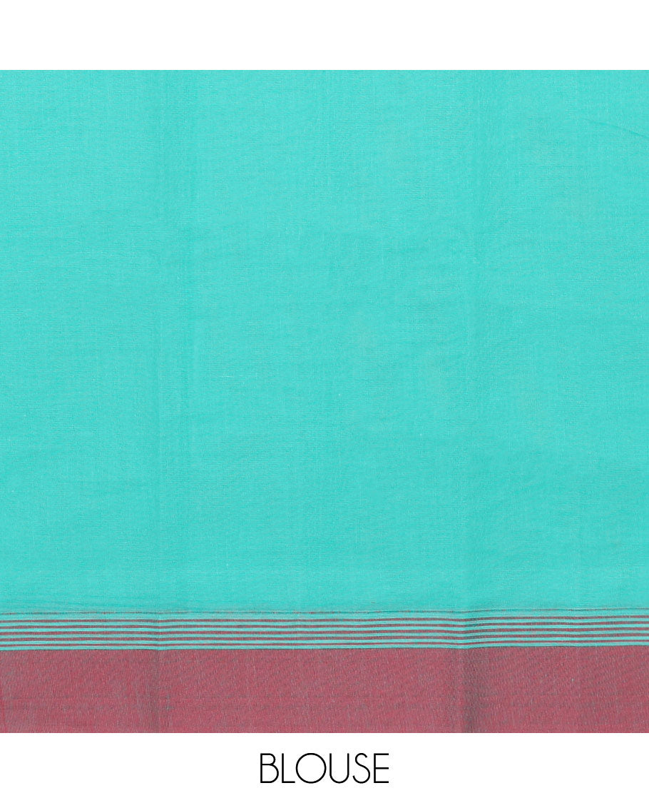 Blue kanchi cotton saree with floral buttas, contrast border & floral design pallu