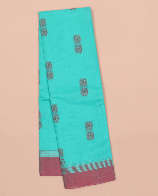 Blue kanchi cotton saree with floral buttas, contrast border & floral design pallu