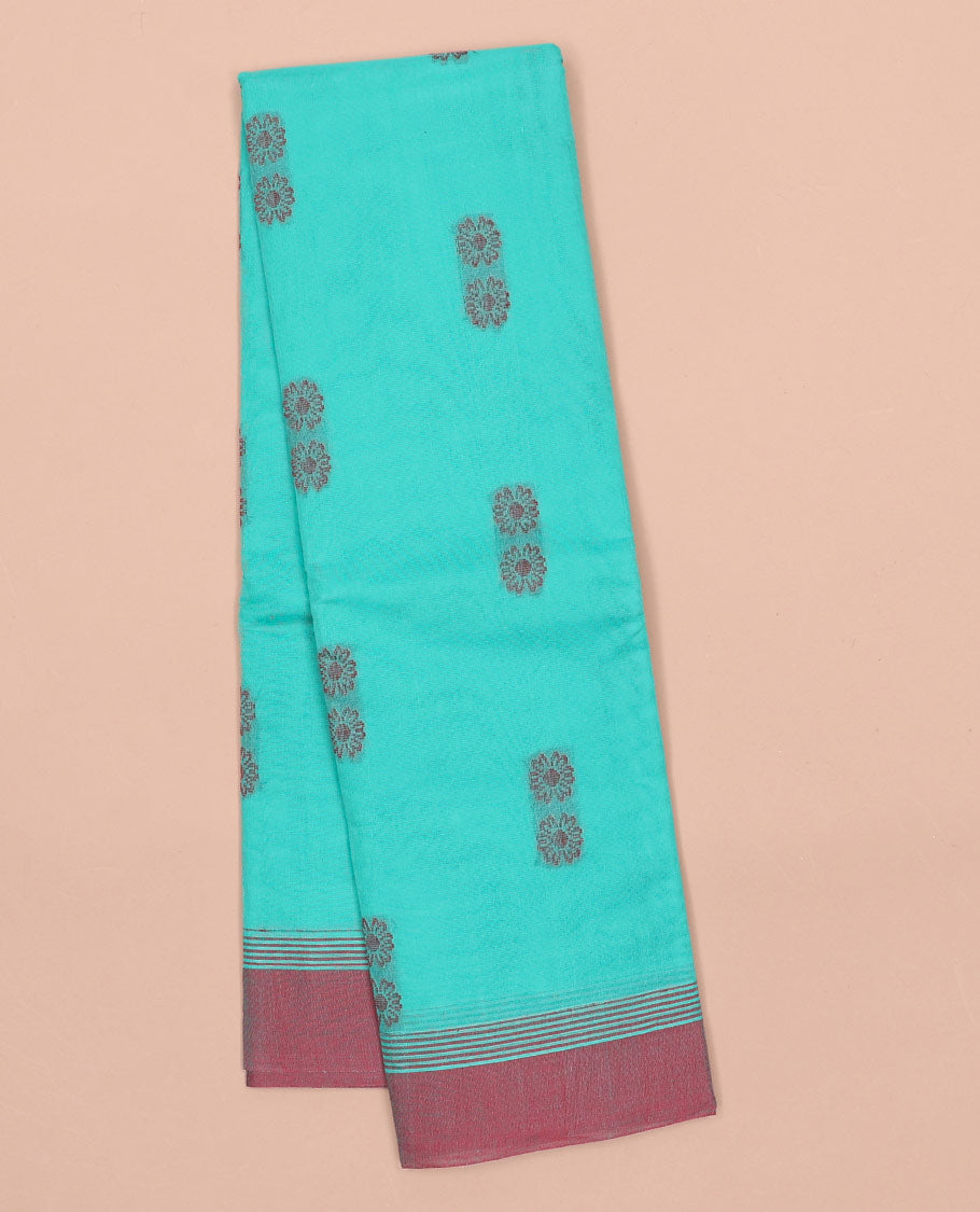 Blue kanchi cotton saree with floral buttas, contrast border & floral design pallu