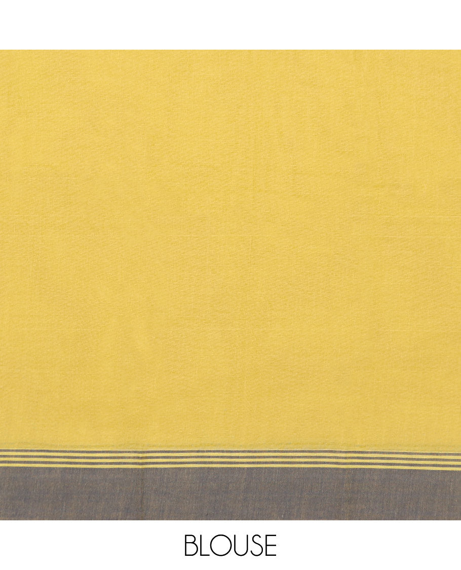 Yellow kanchi cotton saree with floral buttas, contrast border & intricate pallu