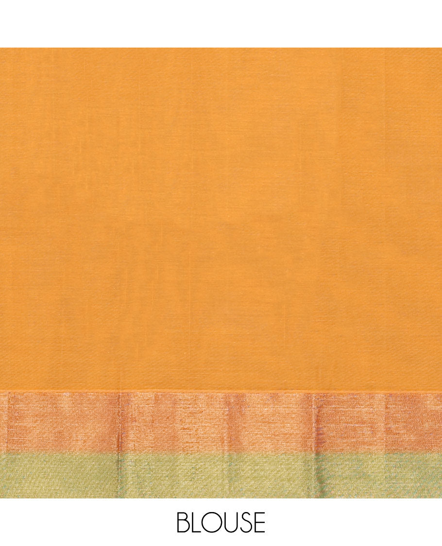 Orange kanchi cotton saree with buttas, contrast plain border & paisley pallu