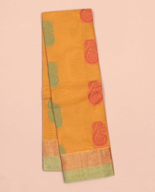 Orange kanchi cotton saree with buttas, contrast plain border & paisley pallu