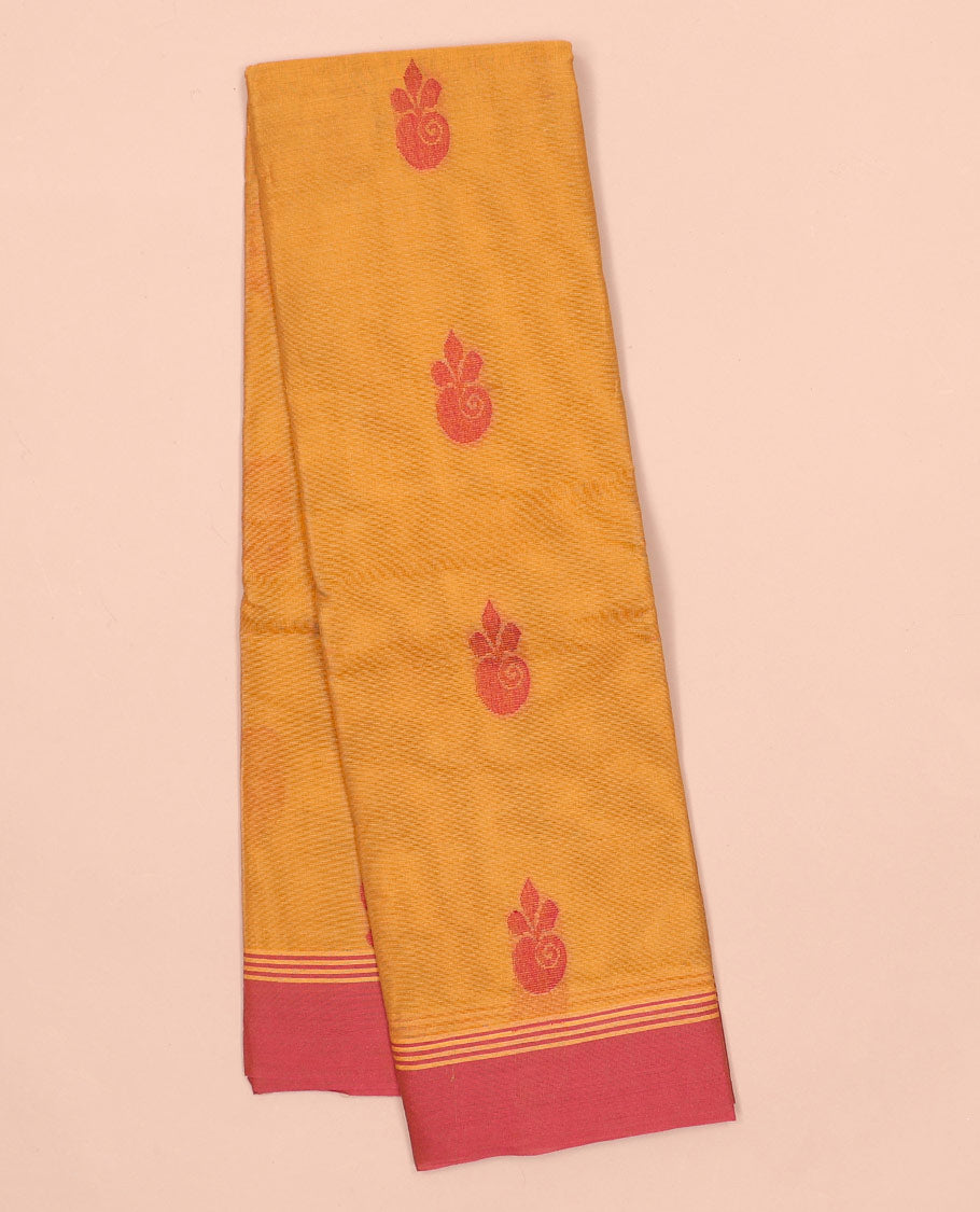 Orange kanchi cotton saree with buttas, contrast plain border & jaal pallu