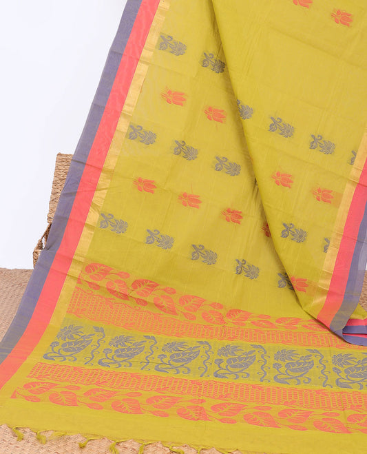 Green striped kanchi cotton saree with buttas, contrast border