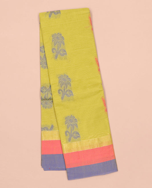Green striped kanchi cotton saree with buttas, contrast border
