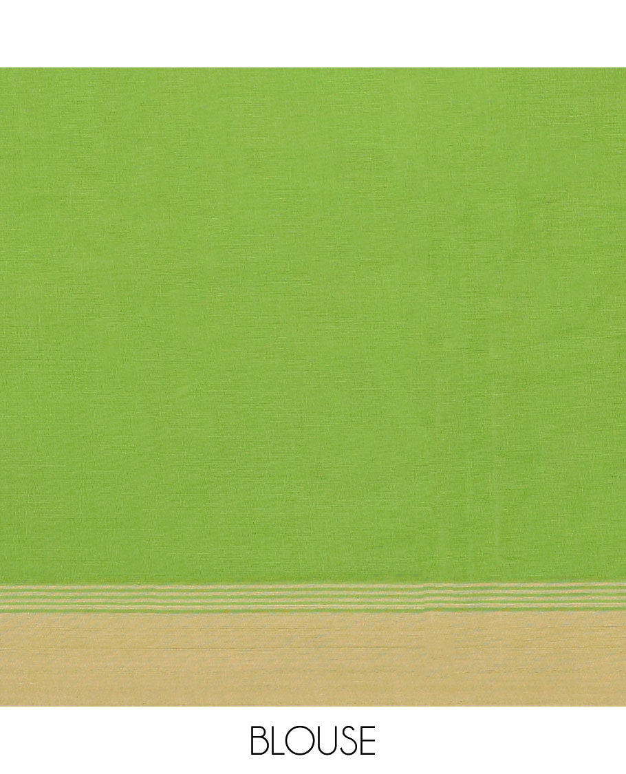 Green kanchi cotton saree with polka dot buttas, contrast border & jaal pallu