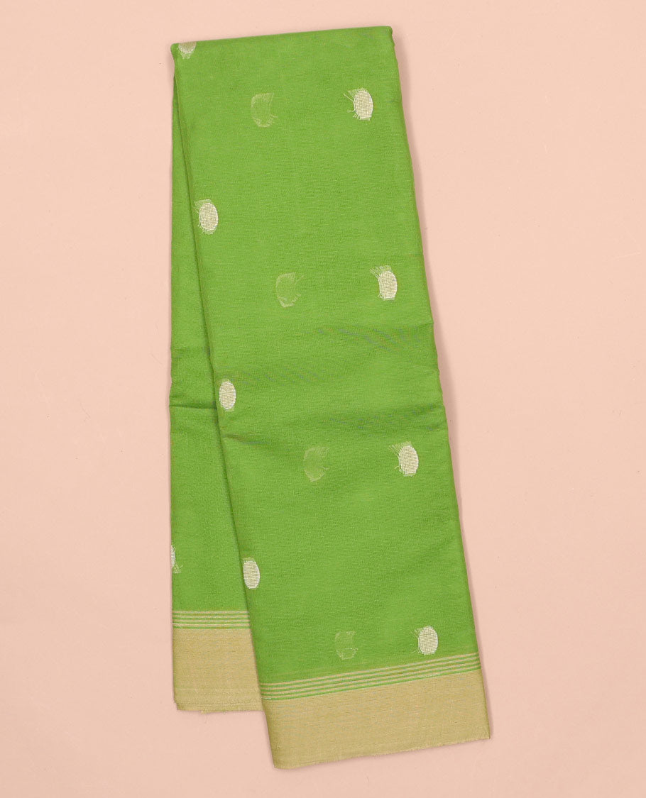 Green kanchi cotton saree with polka dot buttas, contrast border & jaal pallu