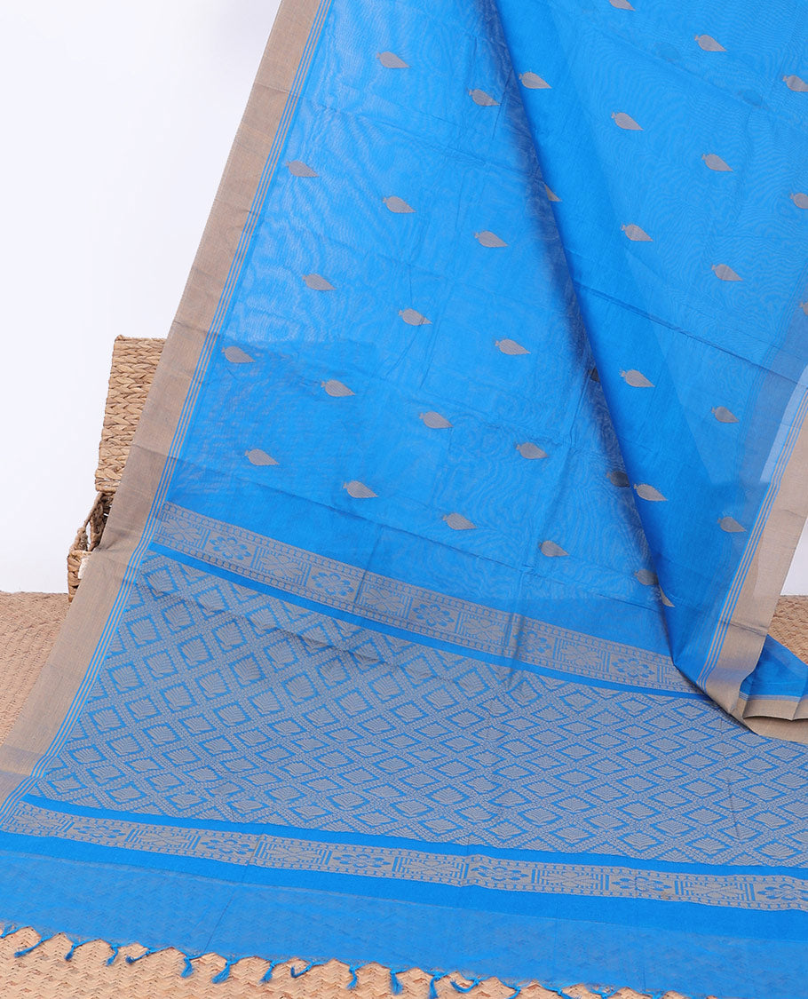 Blue kanchi cotton saree with buttas, contrast border & jaal pallu