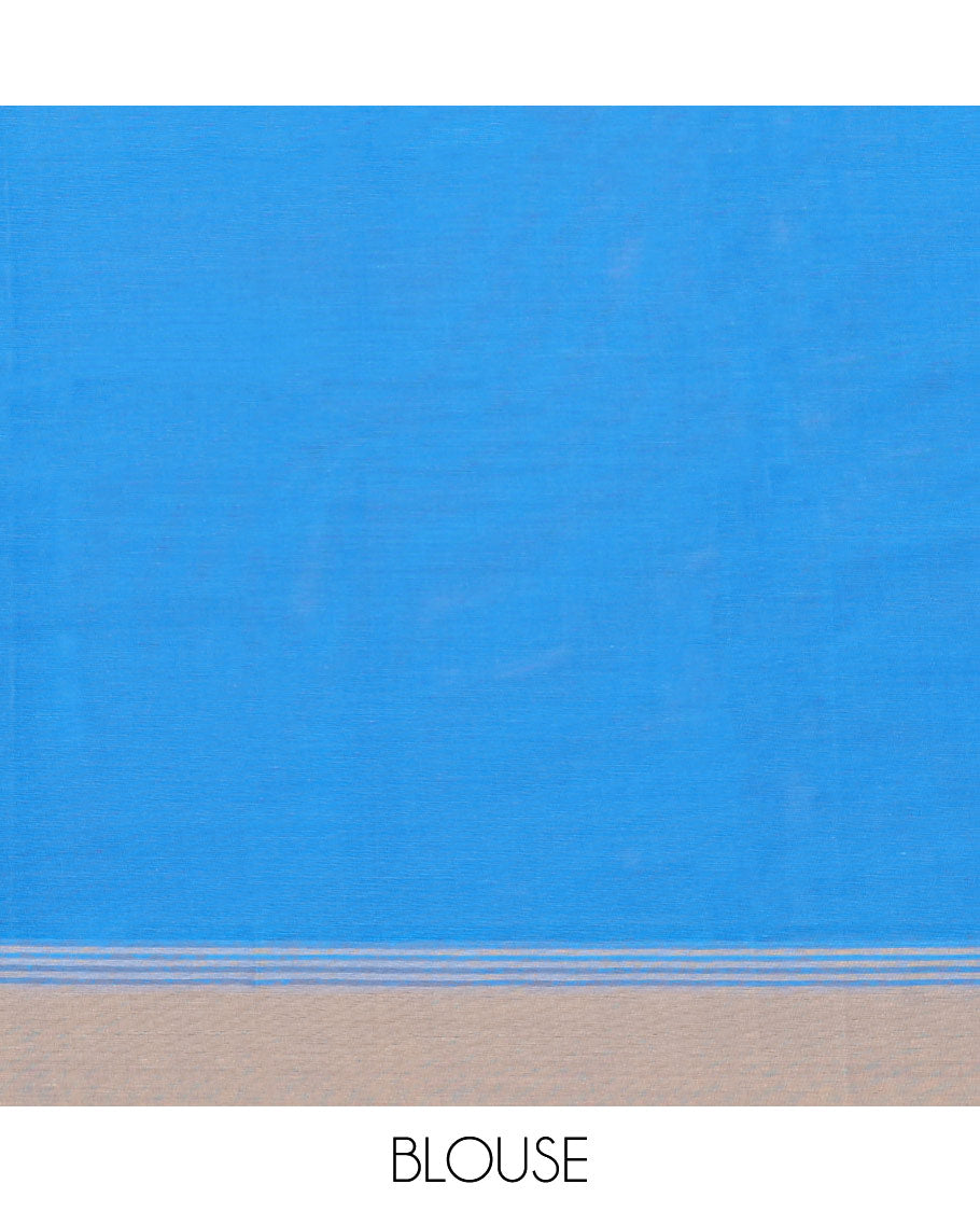 Blue kanchi cotton saree with buttas, contrast border & jaal pallu