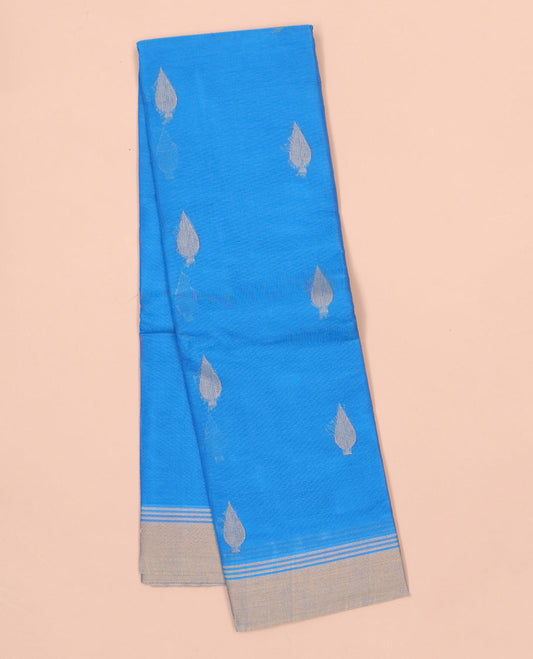 Blue kanchi cotton saree with buttas, contrast border & jaal pallu