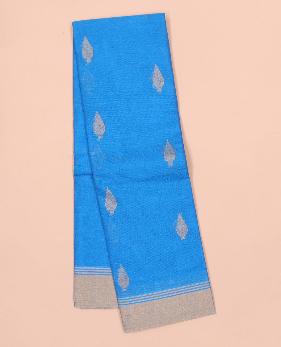 Blue kanchi cotton saree with buttas, contrast border & jaal pallu