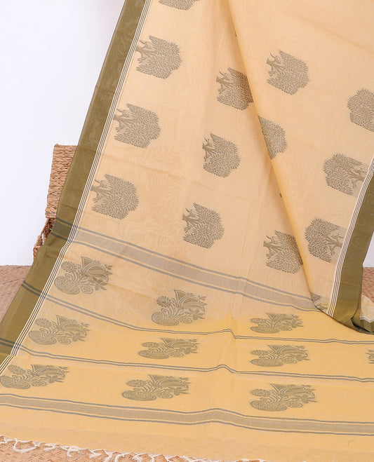 Sandal kanchi cotton saree with tree buttas, contrast border & floral design pallu