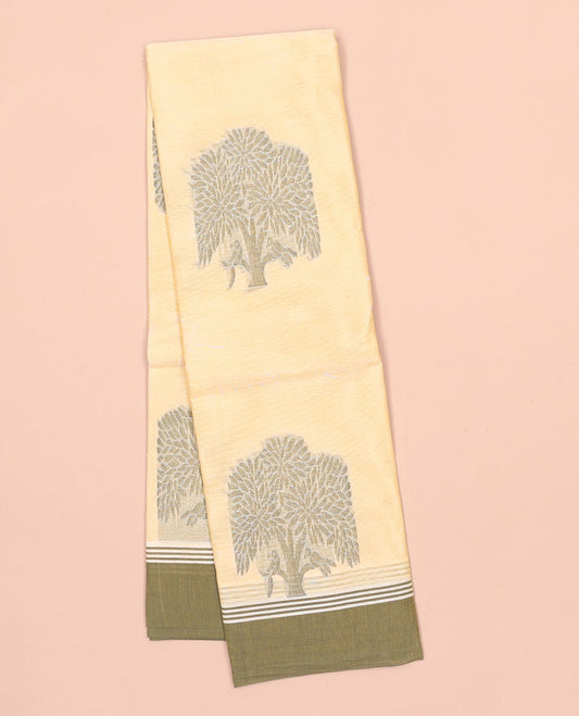 Sandal kanchi cotton saree with tree buttas, contrast border & floral design pallu
